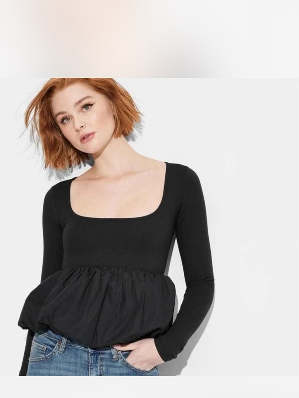 Wild Fable Medium Black Long-Sleeve Square-Neck Peplum Top- NWT